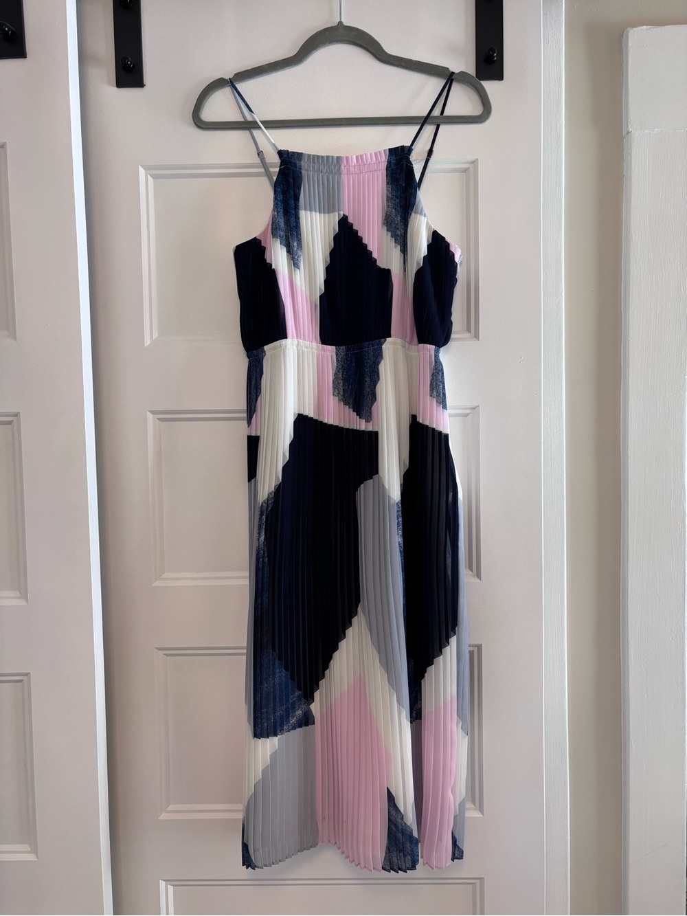 Banana Republic Spaghetti-Strap Pleated Midi Dress in Navy, Pink & White